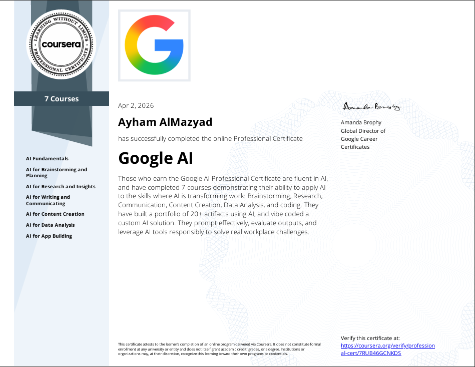 Google AI Professional Certificate - Ayham AlMazyad